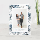 Waterverf Blue Flowers Happy Chanoeka Foto Feestdagen Kaart (Voorkant)