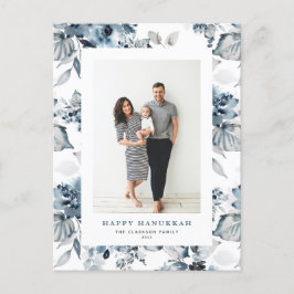 Waterverf Blue Flowers Happy Chanoeka Foto Feestdagenkaart