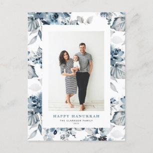 Waterverf Blue Flowers Happy Chanoeka Foto Feestdagenkaart