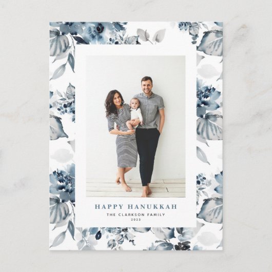 Waterverf Blue Flowers Happy Chanoeka Foto Feestdagenkaart (Voorkant)