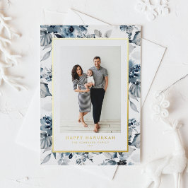 Waterverf Blue Flowers Happy Chanoeka Foto Folie Feestdagenkaart