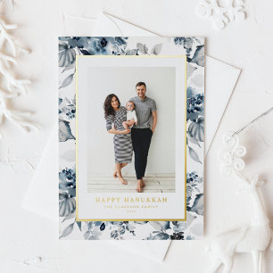 Waterverf Blue Flowers Happy Chanoeka Foto Folie Feestdagenkaart