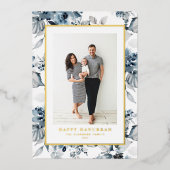 Waterverf Blue Flowers Happy Chanoeka Foto Folie Feestdagenkaart (Voorkant)