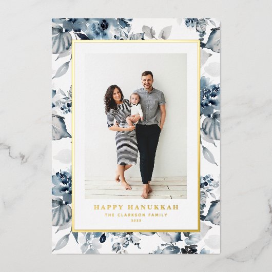 Waterverf Blue Flowers Happy Chanoeka Foto Folie Feestdagenkaart (Voorkant)