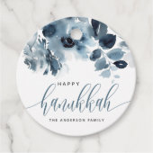 Waterverf Blue Flowers Happy Chanoeka Kalligrafie Bedankjes Labels (Voorkant)