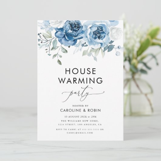 waterverf Blue Flowers housewarming party Kaart (Staand voorkant)