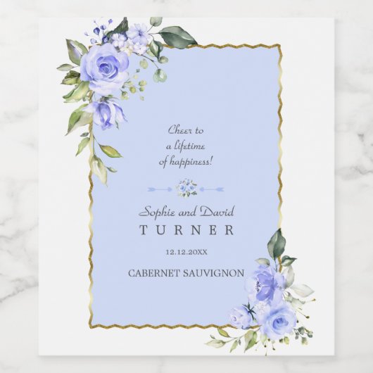 Waterverf Blue Flowers Lijst Wedding Wijn Etiket (Enkel label)