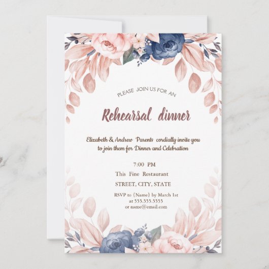 Waterverf Blue Flowers Rehearsal Dinner Kaart (Voorkant)