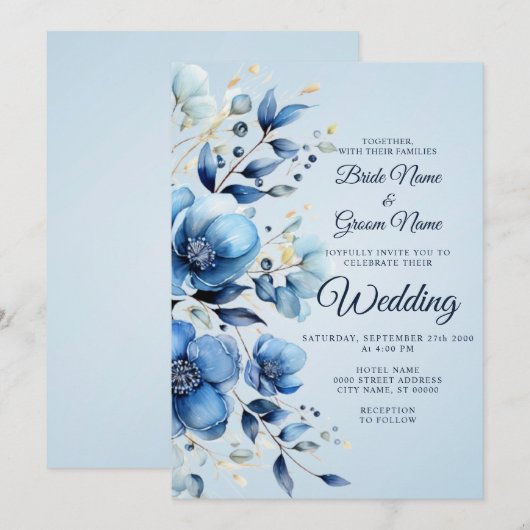 Waterverf Blue Flowers Trouwuitnodiging Kaart (Voorkant / Achterkant)