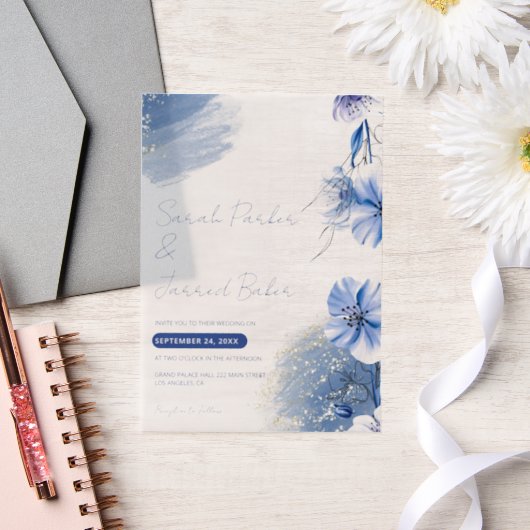 Waterverf Blue Flowers Trouwuitnodiging Vellum Uitnodigingen (Huwelijk)