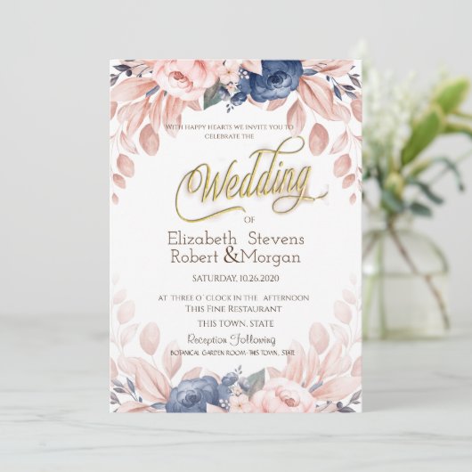 Waterverf Blue Flowers Wedding Kaart (Staand voorkant)