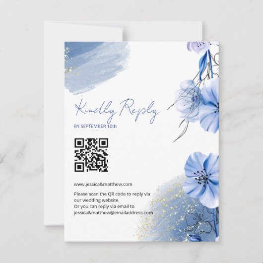 Waterverf Blue Flowers Wedding RSVP Kaartje (Voorkant)