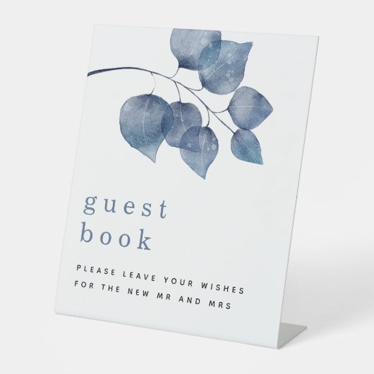 Waterverf Blue Foliage Guest Book Wedding Reclamebord Met Voetstuk (Voorkant)