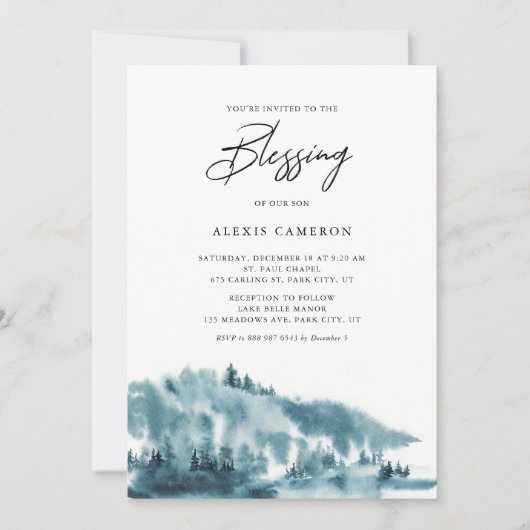Waterverf Blue Forest Winter Baby Blessing Kaart (Voorkant)