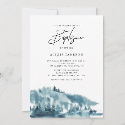 Waterverf Blue Forest Winter Baptisme Kaart (Voorkant)