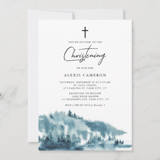 Waterverf Blue Forest Winter Christening Kaart (Voorkant)