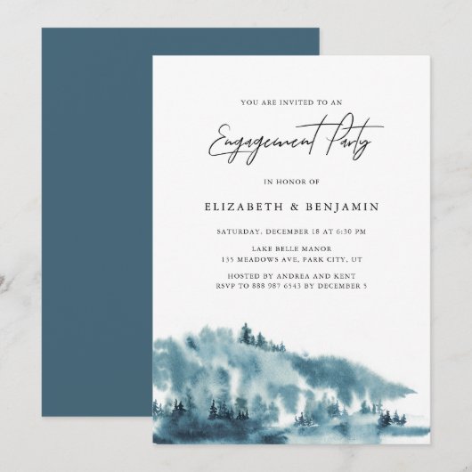 Waterverf Blue Forest Winter Engagement Party Kaart (Voorkant / Achterkant)