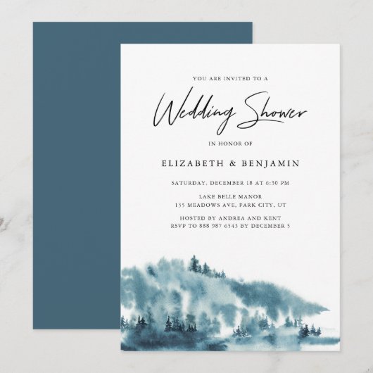Waterverf Blue Forest Winter Engagement Party Kaart (Voorkant / Achterkant)