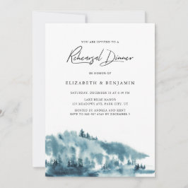 Waterverf Blue Forest Winter Rehearsal Dinner Kaart