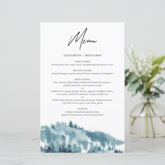 Waterverf Blue Forest Winter Wedding Menu Card (Staand voorkant)