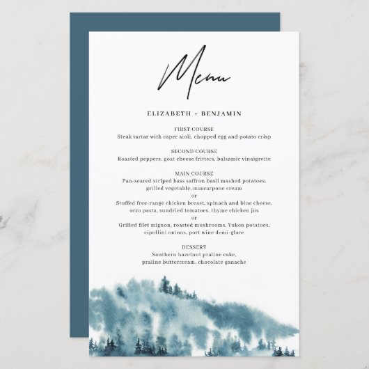 Waterverf Blue Forest Winter Wedding Menu Card (Voorkant / Achterkant)