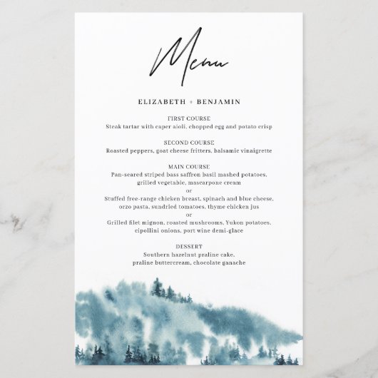 Waterverf Blue Forest Winter Wedding Menu Card (Voorkant)
