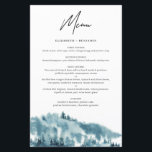 Waterverf Blue Forest Winter Wedding Menu Card<br><div class="desc">Winter wonderland themumkaarten met waterverf illustraties blauw bos en rustige typografie. Personaliseer door namen en menudetails toe te voegen. Deze blauwe bosmenukaarten zijn perfect voor winterbruiloften. vrijgezellenfeesten,  baby showers,  verjaardagen en soortgelijke feestdagen.</div>