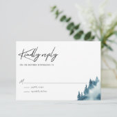 Waterverf Blue Forest Winter Wedding RSVP Kaartje (Staand voorkant)