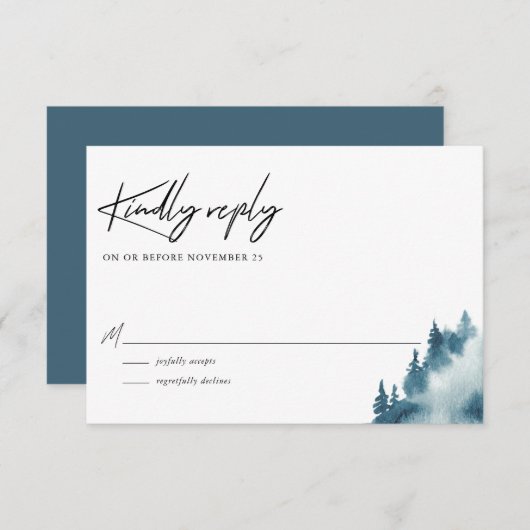Waterverf Blue Forest Winter Wedding RSVP Kaartje (Voorkant / Achterkant)