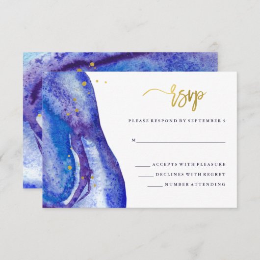 Waterverf Blue Geode en Faux Gold Wedding RSVP (Voorkant / Achterkant)