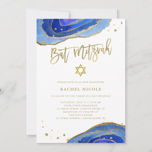 Waterverf Blue Geode met Gold | Bat Mitzvah Kaart (Voorkant)