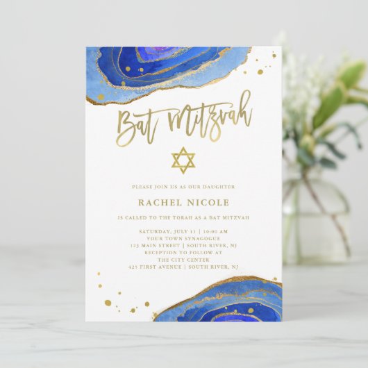 Waterverf Blue Geode met Gold | Bat Mitzvah Kaart (Staand voorkant)