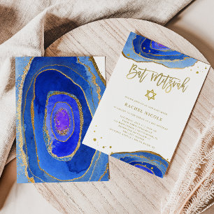 Waterverf Blue Geode met Gold   Bat Mitzvah Kaart