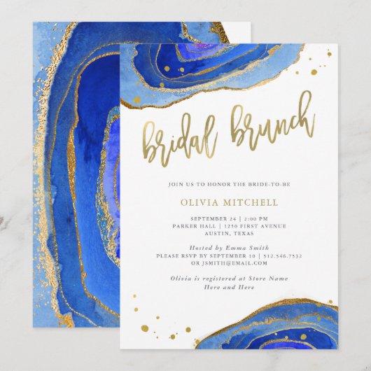 Waterverf Blue Geode met Gold | Bridal Brunch Kaart (Voorkant / Achterkant)