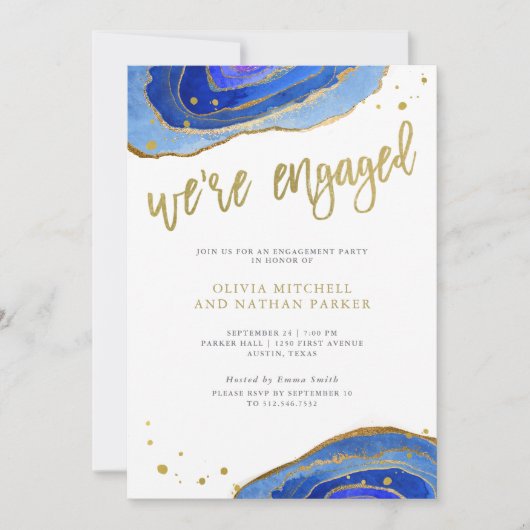 Waterverf Blue Geode met Gold | Engagement Party Kaart (Voorkant)