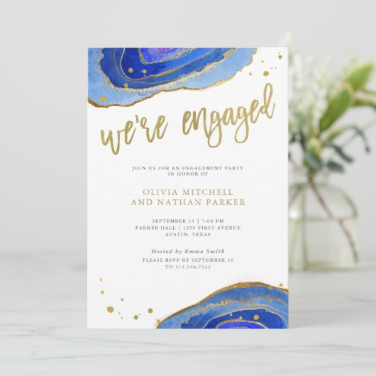Waterverf Blue Geode met Gold | Engagement Party Kaart (Staand voorkant)