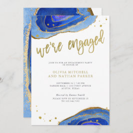 Waterverf Blue Geode met Gold | Engagement Party Kaart