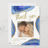 Waterverf Blue Geode met Gold | Weddenfoto Bedankkaart (Voorkant)