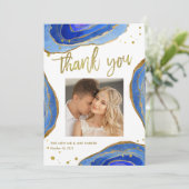Waterverf Blue Geode met Gold | Weddenfoto Bedankkaart (Staand voorkant)