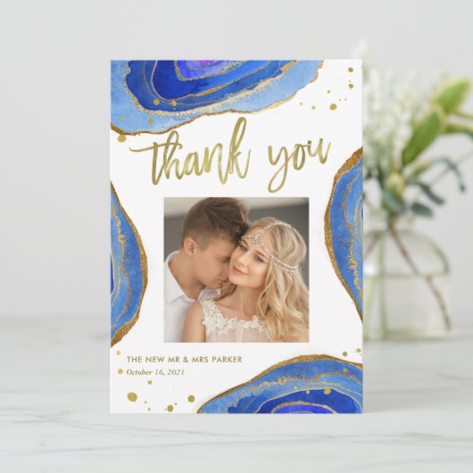Waterverf Blue Geode met Gold | Weddenfoto Bedankkaart (Staand voorkant)