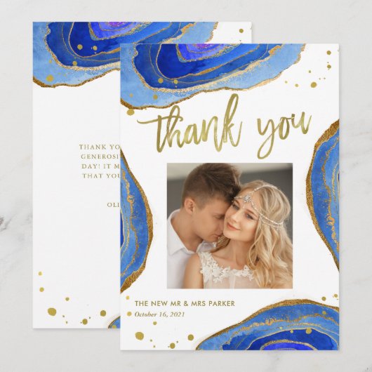 Waterverf Blue Geode met Gold | Weddenfoto Bedankkaart (Voorkant / Achterkant)