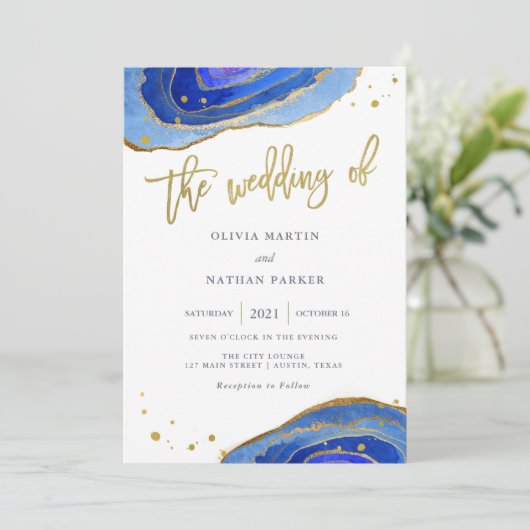 Waterverf Blue Geode met Gold | Weddenschap Kaart (Staand voorkant)