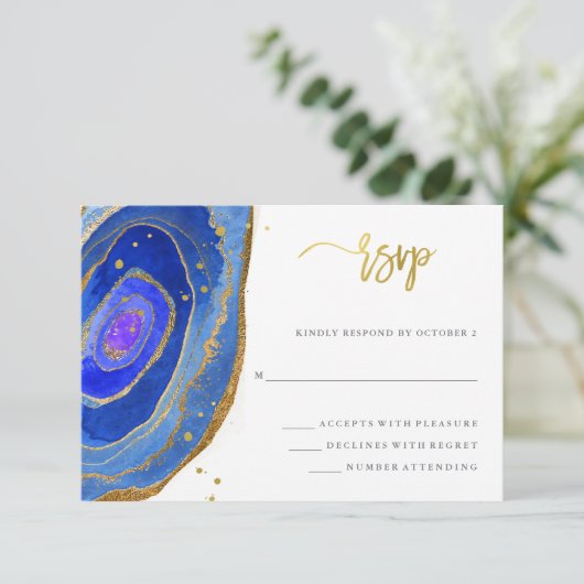 Waterverf Blue Geode met Gold | Weddenschap RSVP Kaartje (Staand voorkant)