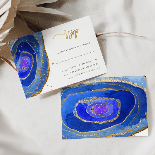 Waterverf Blue Geode met Gold | Weddenschap RSVP Kaartje