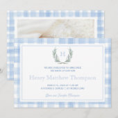 Waterverf Blue Gingham Laurel Crest Aankondiging (Voorkant / Achterkant)