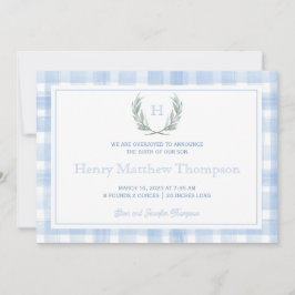 Waterverf Blue Gingham Laurel Crest Aankondiging