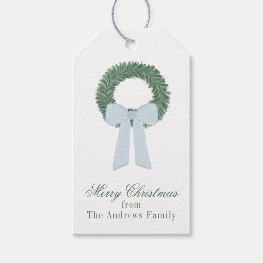 Waterverf Blue Gingham Sash krans Cadeaulabel (Voorkant)