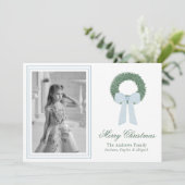 Waterverf Blue Gingham Sash krans foto Feestdagenkaart (Staand voorkant)