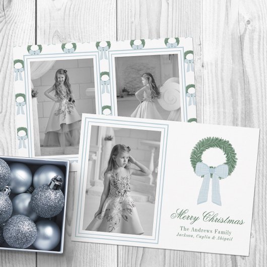 Waterverf Blue Gingham Sash krans foto Feestdagenkaart