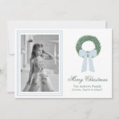 Waterverf Blue Gingham Sash krans foto Feestdagenkaart (Voorkant)